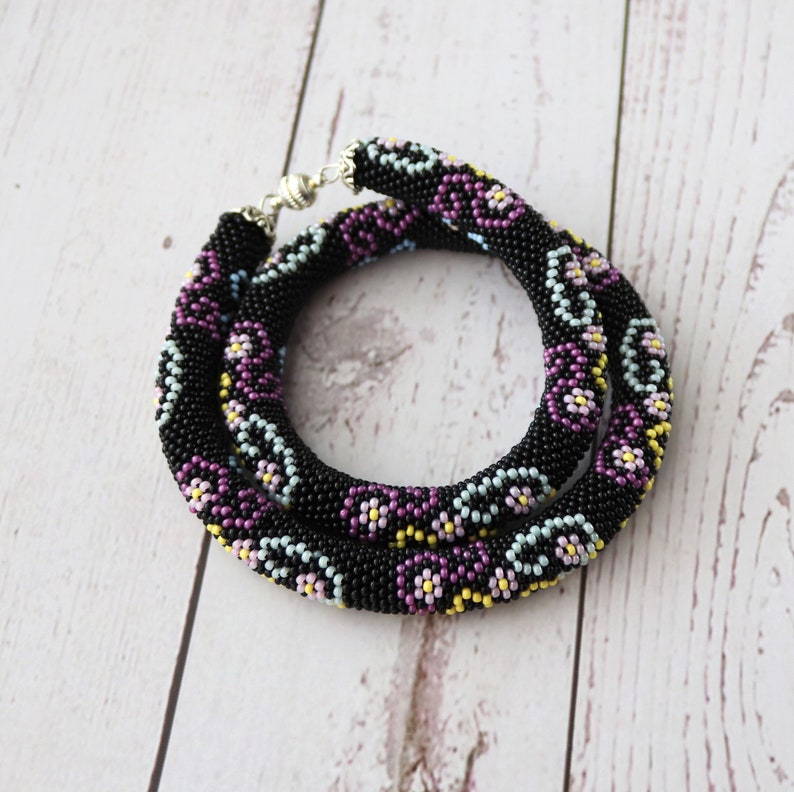 Bead crochet blooming necklace Black blossom necklace Seed bead jewelry Bead flower rope necklace Beadwork Stylish nature inspired jewelry