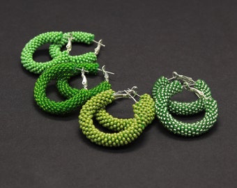 Small green beaded hoop earrings Native hoop earrings Seed bead hoops Native beadwork