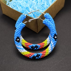 Turquoise native style hoop earrings Bead crochet hoops Southwestern hoops image 2