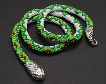 Green snake choker Ouroboros bead snake necklace Serpent necklace Viper bracelet Bead crochet rope Beadwork