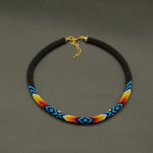 Native inspired beaded rope necklace Handmade tribal statement jewelry Seed bead crochet choker Native beadwork Southwest necklace