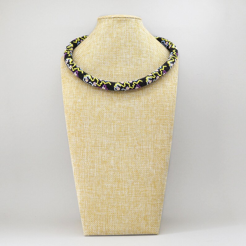 Bead crochet blooming necklace Black blossom necklace Seed bead jewelry Bead flower rope necklace Beadwork Stylish nature inspired jewelry