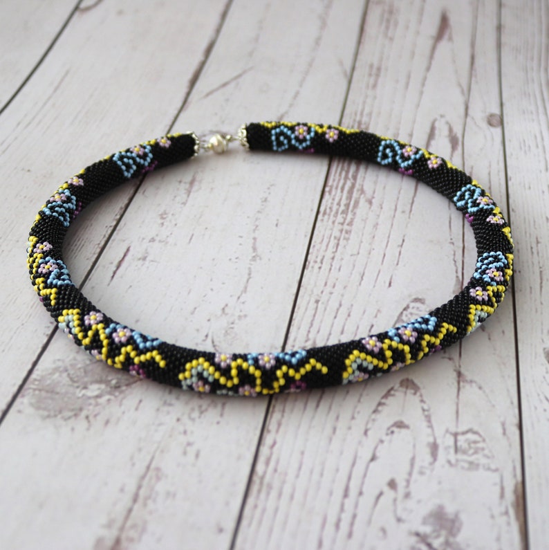 Bead crochet blooming necklace Black blossom necklace Seed bead jewelry Bead flower rope necklace Beadwork Stylish nature inspired jewelry