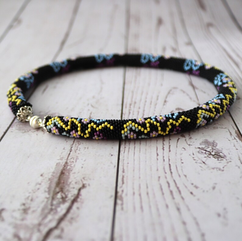 Bead crochet blooming necklace Black blossom necklace Seed bead jewelry Bead flower rope necklace Beadwork Stylish nature inspired jewelry
