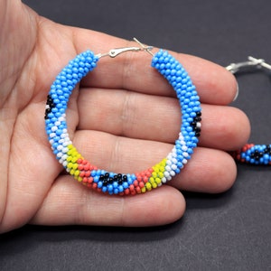 Turquoise native style hoop earrings Bead crochet hoops Southwestern hoops image 4