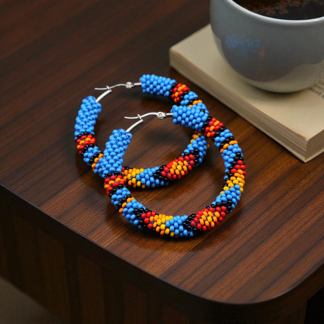 Blue Native Style Seed Bead Hoop Earrings, Beaded Crochet Hoops, Large ...