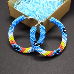 Turquoise native style hoop earrings Bead crochet hoops Southwestern hoops image 1