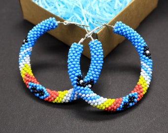 Turquoise native style hoop earrings Bead crochet hoops Southwestern hoops