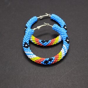 Turquoise native style hoop earrings Bead crochet hoops Southwestern hoops image 6