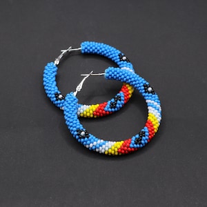 Blue native style hoop earrings, Bead crochet hoops, Southwestern handmade jewelry