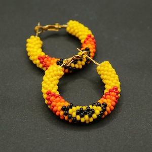 Little Native Americans inspired beaded hoop earrings Yellow native style earrings Ethnic earrings Bead crochet hoops Bold statement jewelry