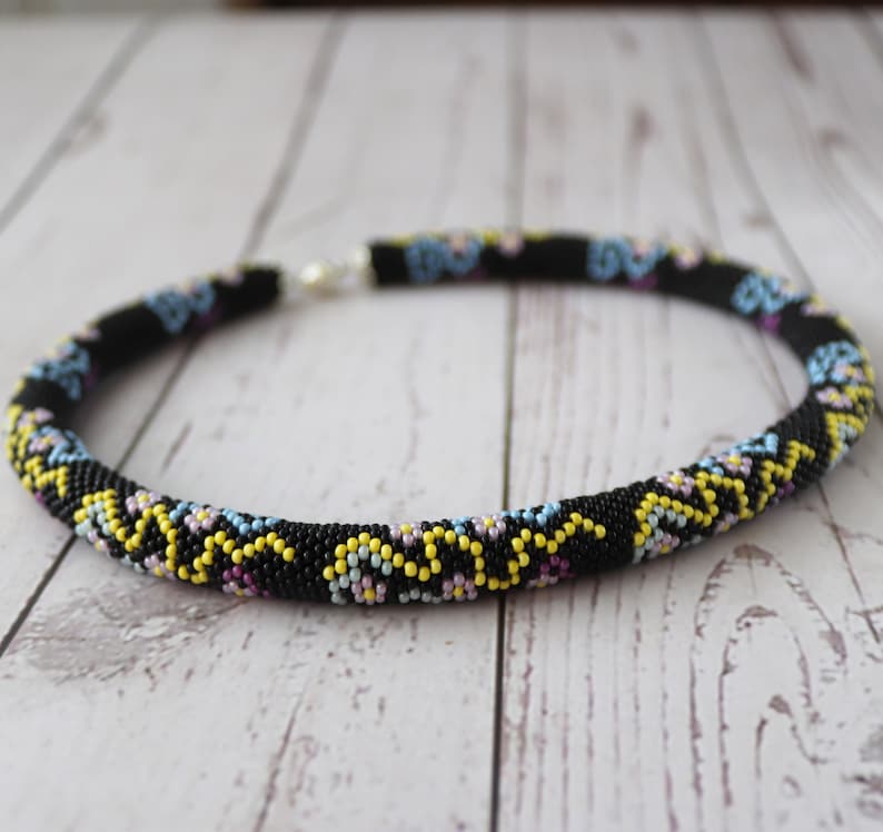 Bead crochet blooming necklace Black blossom necklace Seed bead jewelry Bead flower rope necklace Beadwork Stylish nature inspired jewelry