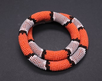 Bead snake necklace, Ouroboros, Orange serpent necklace, Bead crochet rope, Witch jewelry