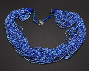 Blue multi strand seed bead necklace Multiple beaded necklace Long chunky cascade jewelry