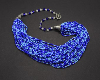 Long collier de perles multi-rangs épais bleu, plusieurs bijoux de perles, collier de perles de rocaille, bijoux cascade de perles