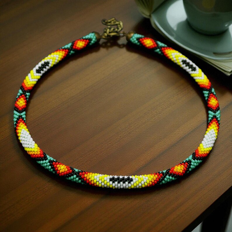 Native Americans Inspired Seed Bead Crochet Necklace, Chunky Beaded ...