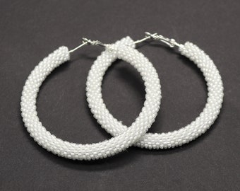 White seed bead hoops, Native hoop earrings, Chunky beaded hoop earrings, Bead crochet hoops