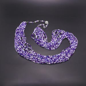 Purple & white multi strand beaded necklace, Long chunky seed bead necklace, Handmade statement jewelry for women