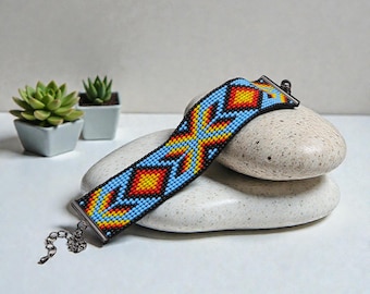 Beaded loom bracelet, Native beadwork, Wide beading cuff bracelet, Modern seed bead flat bracelets