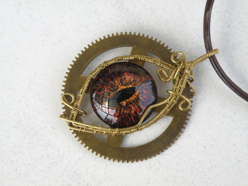 wire wrapped fantasy artisan hand painted eye OOAK Red dragon eye brass wire steampunk necklace
