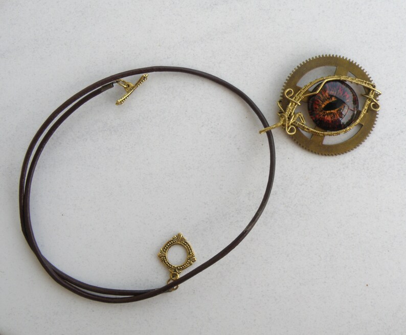 wire wrapped fantasy artisan hand painted eye OOAK Red dragon eye brass wire steampunk necklace