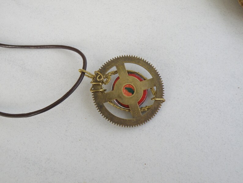 wire wrapped fantasy artisan hand painted eye OOAK Red dragon eye brass wire steampunk necklace