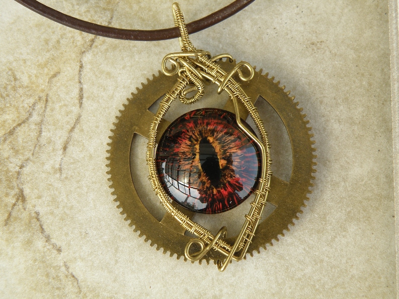 wire wrapped fantasy artisan hand painted eye OOAK Red dragon eye brass wire steampunk necklace