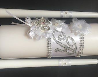 Monogrammed Unity Candle Set. Choose your colors! Church or outdoor bridal candles. Bling monogrammed center with rhinestone butterfly.