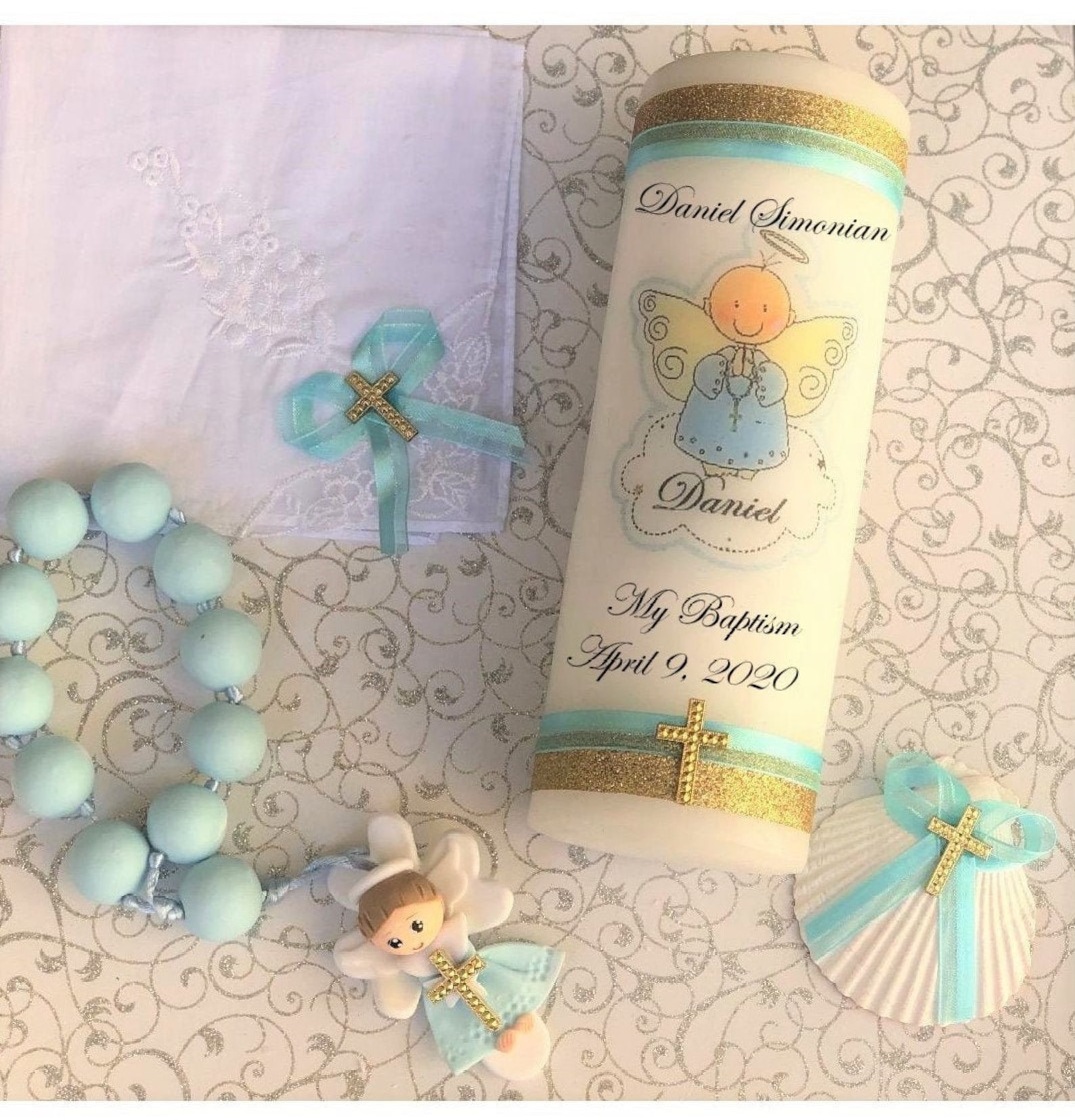 Baptism candle. Boy Baptism candle set. Boy Christening set. Etsy