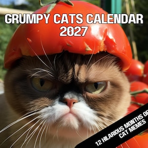 May include: A Grumpy Cats Calendar 2027 featuring a brown and white cat with a stern expression wearing a red tomato half as a hat. The text reads Grumpy Cats Calendar 2027 and 12 Hilarious Months of Sassy Cat Memes against a background of red tomatoes.