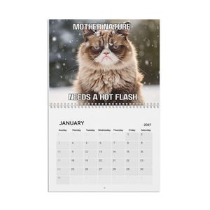 May include: A 2027 wall calendar featuring a photograph of a grumpy-looking brown and white cat in the snow with the text MOTHER NATURE NEEDS A HOT FLASH. The calendar page shows the month of January with a grid of dates and days of the week.
