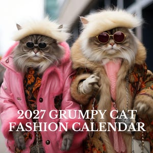 May include: Two long-haired cats wearing blonde wigs, sunglasses, and winter coats. The cat on the left wears a bright pink jacket, while the cat on the right wears a patterned coat with a fur collar. Text reads: 2027 GRUMPY CAT FASHION CALENDAR.