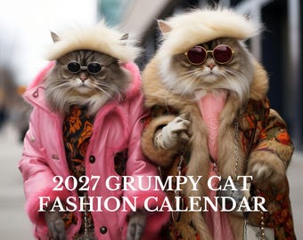 Calendário de Moda Grumpy Cat 2027, Gatos Irritados, Calendário de Gatos 2027, Calendário Mensal, Calendário de Parede, Moda
