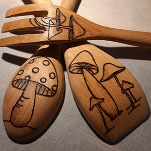 Wood burned Spoon set of 3 mushrooms