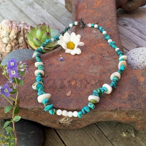 turquoise jewelry - turquoise, mother of pearl, shell & sterling silver necklace
