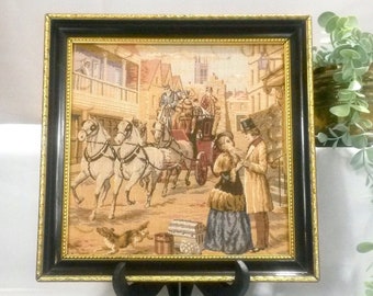 Framed Tapestry France - Repro 1800s City Life - Vintage Repro Tapestry - Horse & Carriage Tapestry