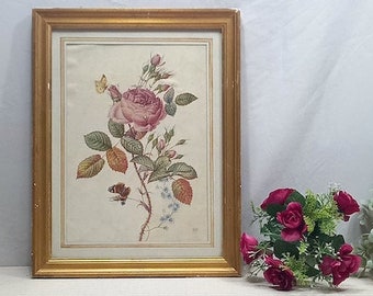 Gold Framed Signed Floral Print - Flower Art Framed - Wall Art France - Romantic Art France - Old Pink Rose Picture Framed