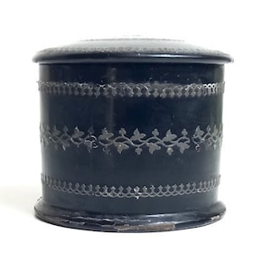 Antique Black Lacquered Trinket Pot with Metal Embellishments