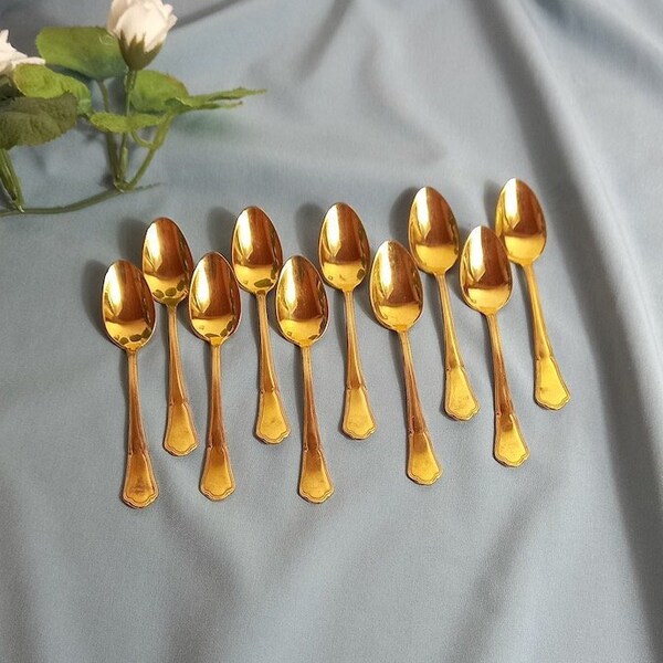 10 Gold Tone Teaspoons - Dessert Spoons - Flatware Gold - Vintage Teaspoons