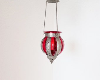 Red Glass Hanging Lantern - Ethnic Lighting - Glass Pendant Candle Lantern - Vintage Ethnic Interiors