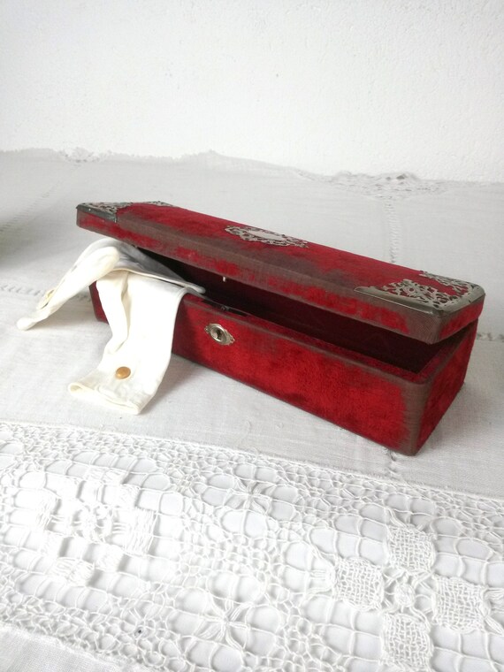 Red Velvet Victorian Glove Box - Antique Vanity Bo