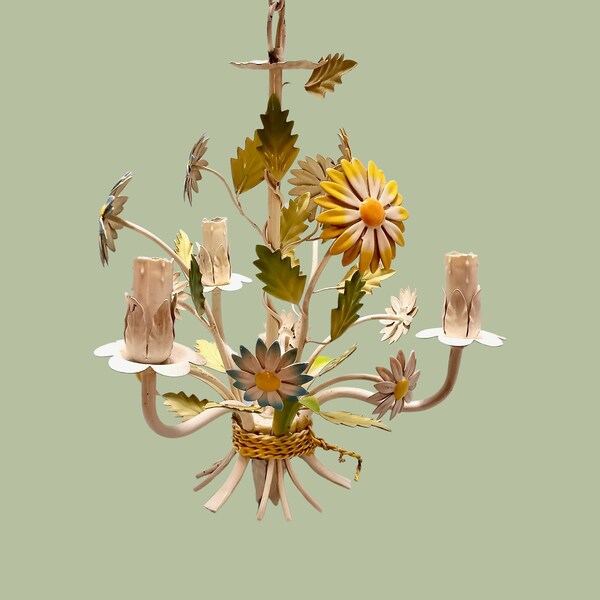 1908s Floral Tole Pendant Light - Flower Pendant Light - Chandelier Tole - Vintage 3 Branch Metal Chandelier - Small Tole Ceiling Lighting