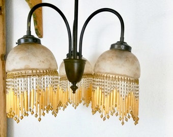 Artdeco Pedant Glass Fringes Light - Glass Tube Fringe Lighting - Flapper - Yellow Gold Glass Bead Fringe Trimming - 1920s Lighting