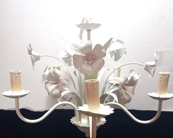 5 Light Pastel Tole Chandelier - Floral Tole Fixture Ceiling - Pendant Tole Lighting White - Vintage Tole Lighting Fixture