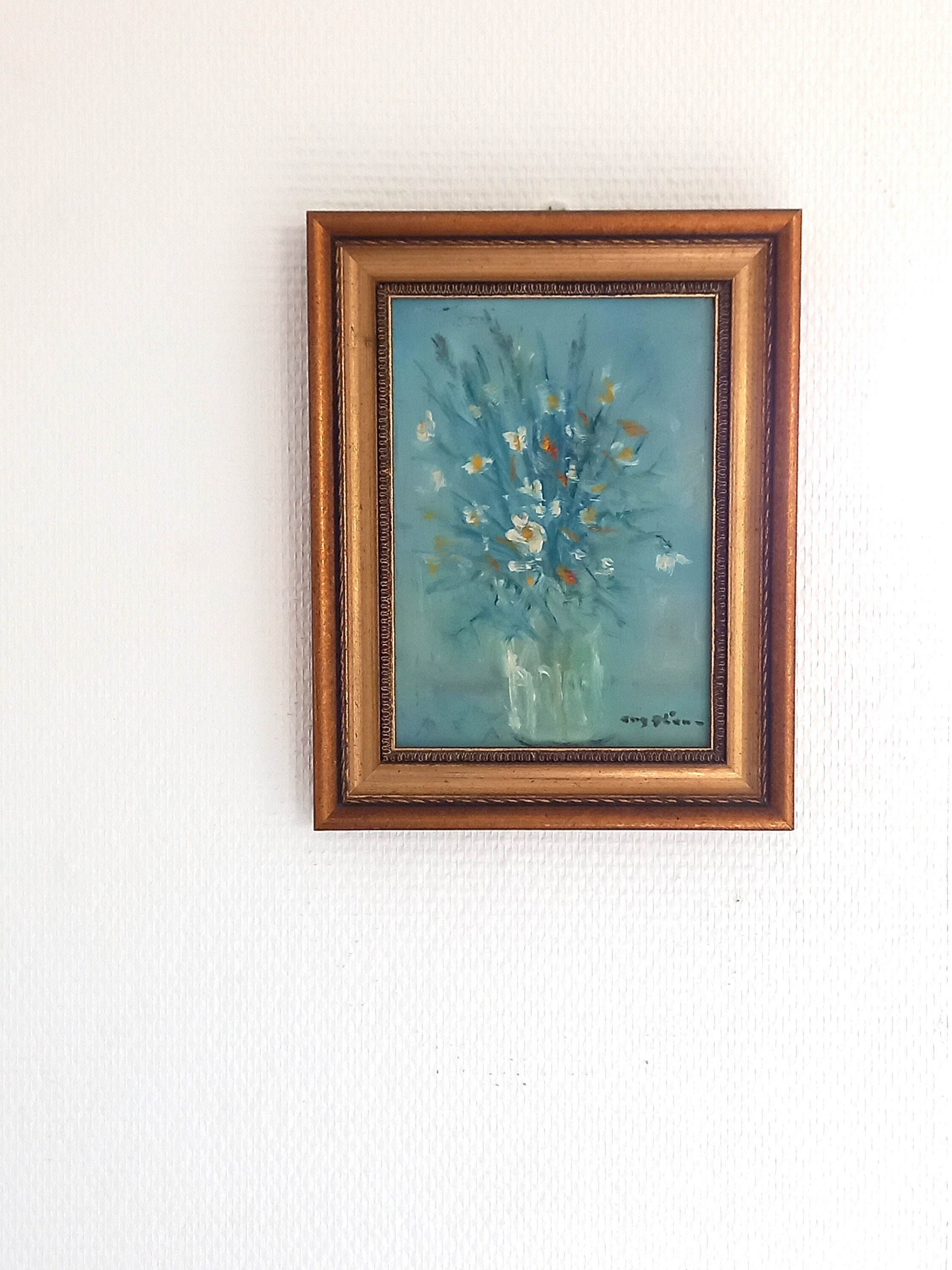 Peinture à L'huile Signée Français - Œuvre Originale Art Floral Encadré France Bleu Signé