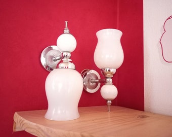 2 Small White Wall Lights - White Bluebell Sconces - Chrome White Lighting - Vintage White Glass Lighting