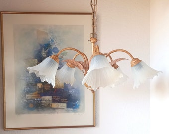 Vintage Pendant Chandelier France - 5 Light Hanging Chandelier with Glass Shades - Metal and Glass Chandelie