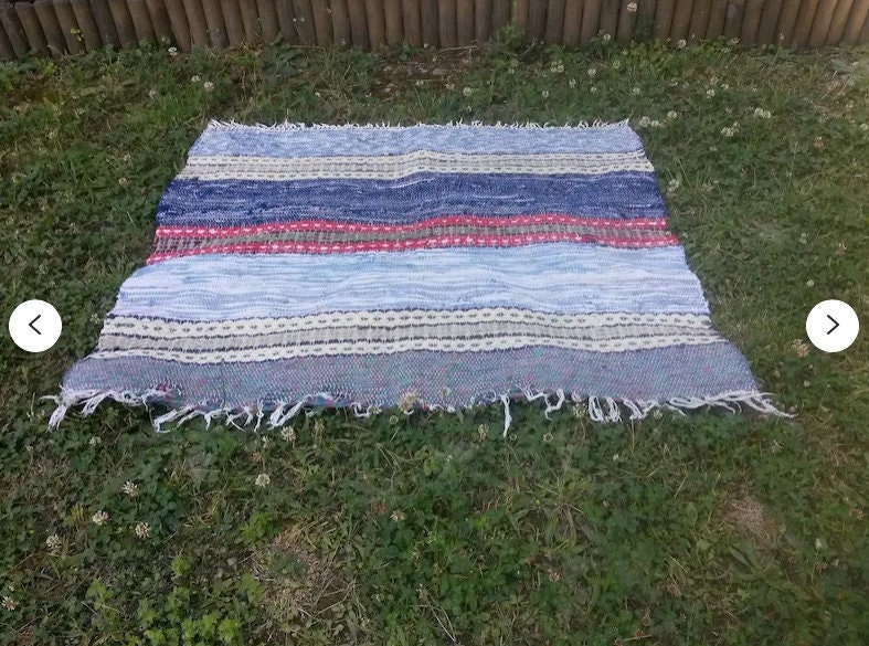Tapete azul feito à mão - Tapete de algodão dos anos 1920 - Fabricado na Suécia - Boho - Interiores escandinavos
