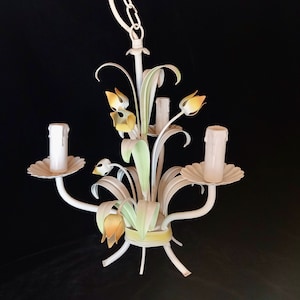 Small Pendant Tole Light Fixture - Yellow Tulip Chandelier - Floral Tole Pendant Light - Chandelier Tole - Pretty 3 Branch Metal Chandelier