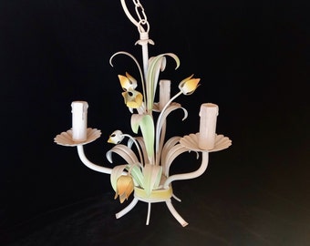 Small Pendant Tole Light Fixture - Yellow Tulip Chandelier - Floral Tole Pendant Light - Chandelier Tole - Pretty 3 Branch Metal Chandelier